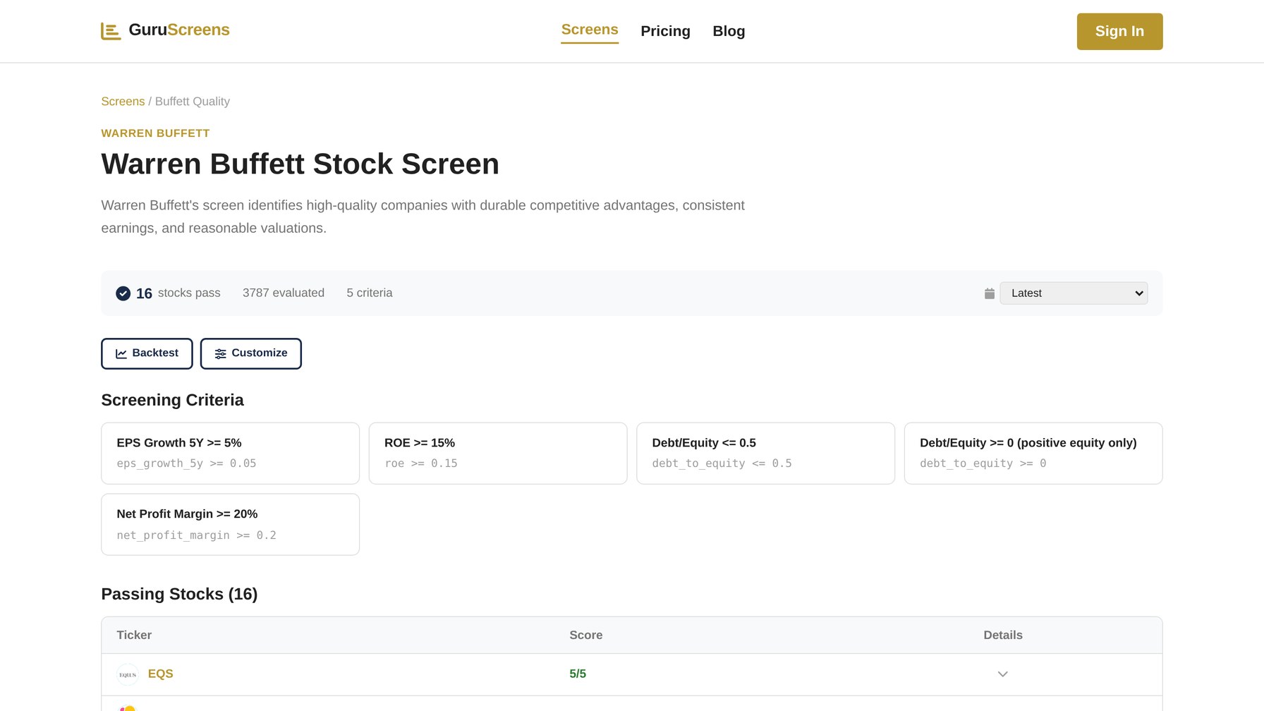 GuruScreens Warren Buffett Quality screen with per-criterion audit and passing stocks