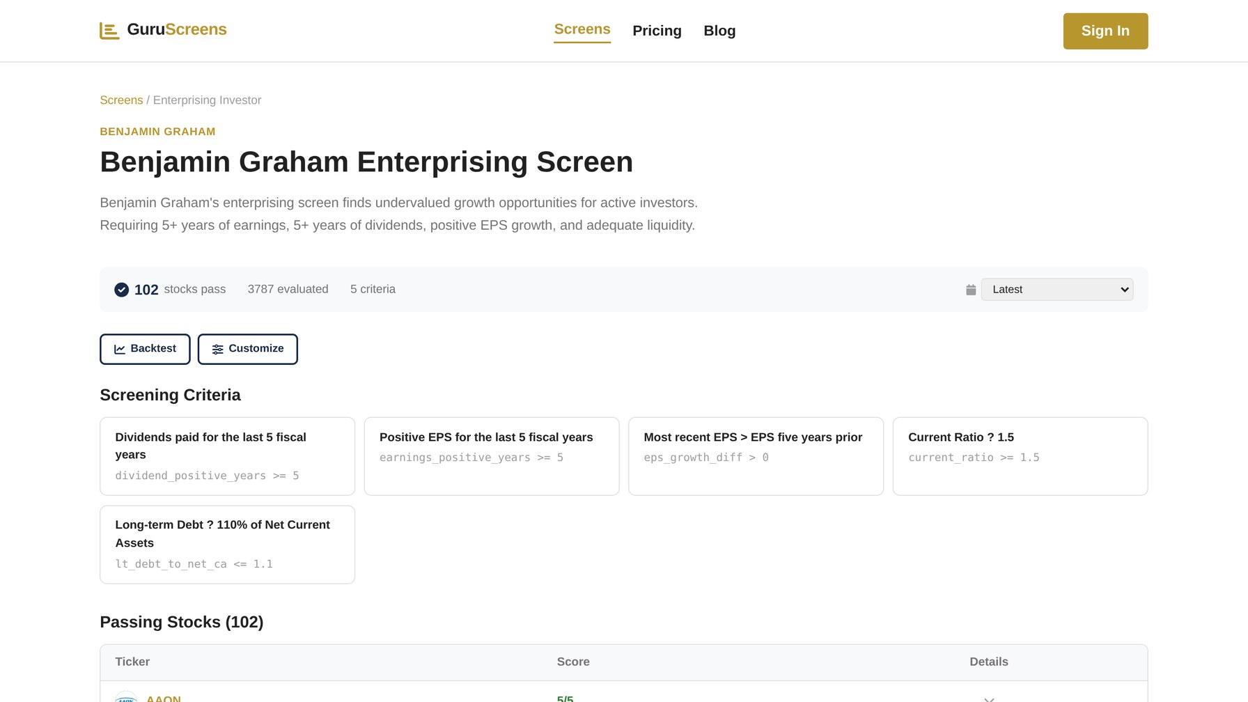 GuruScreens value screen showing pass and fail screening criteria and qualifying stocks