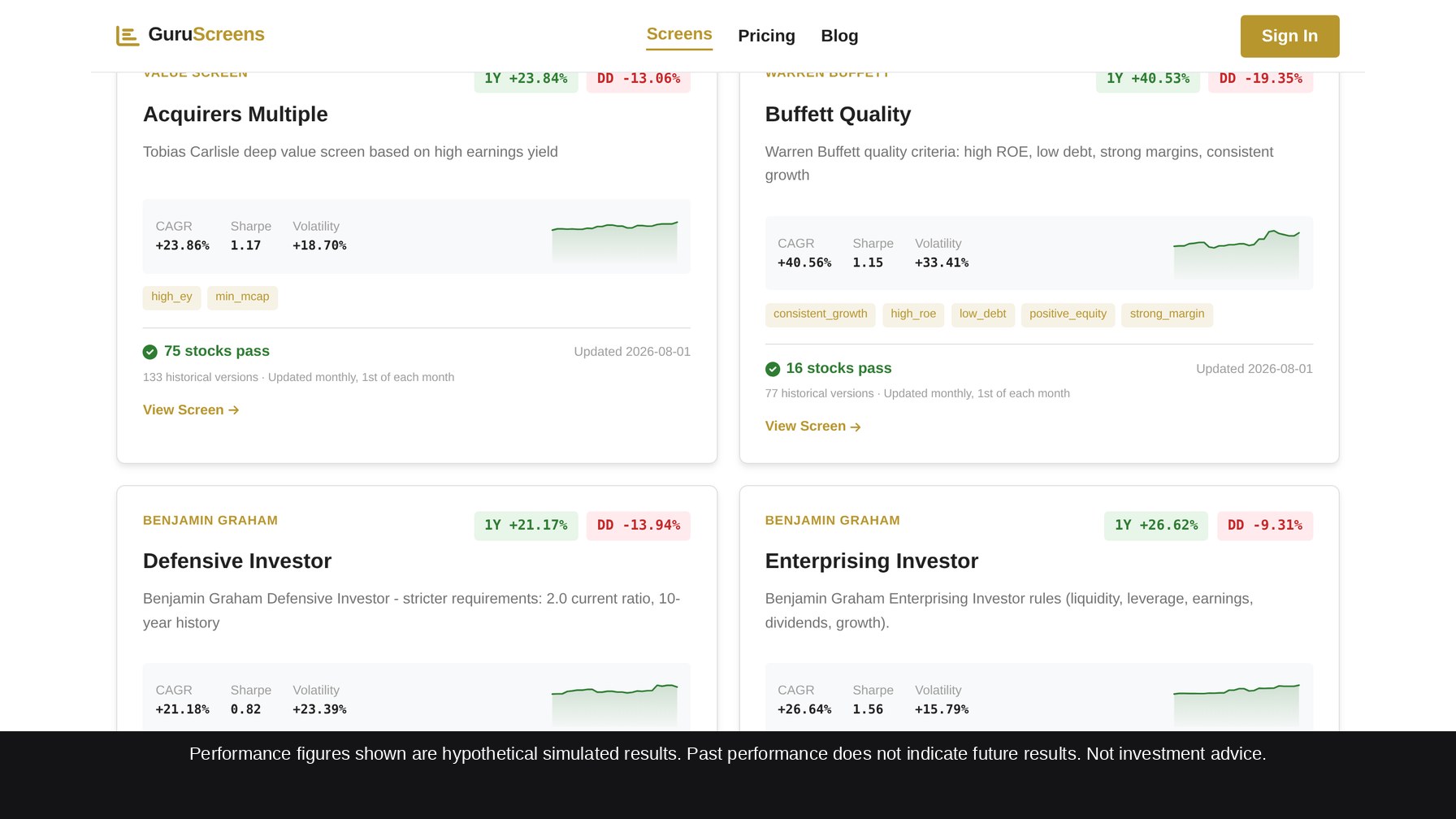 Value stock screener library on GuruScreens showing the Acquirers Multiple and Buffett Quality screens with their criteria tags and pass counts of 75 and 16, above the Defensive Investor and Enterprising Investor screens